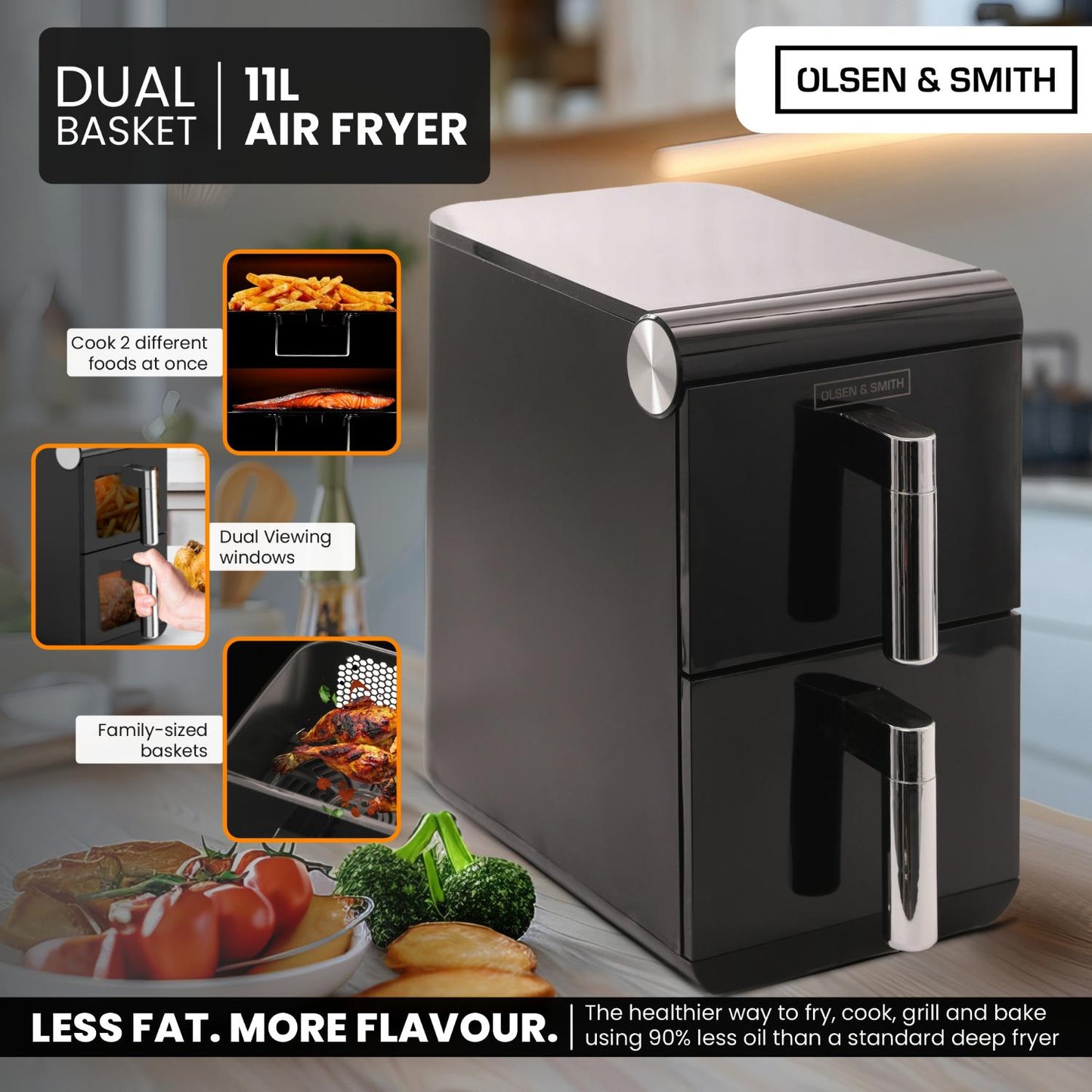 Olsen & Smith Dual Drawer Air Fryer | 11L XL, 1700W, LED, 13 Presets