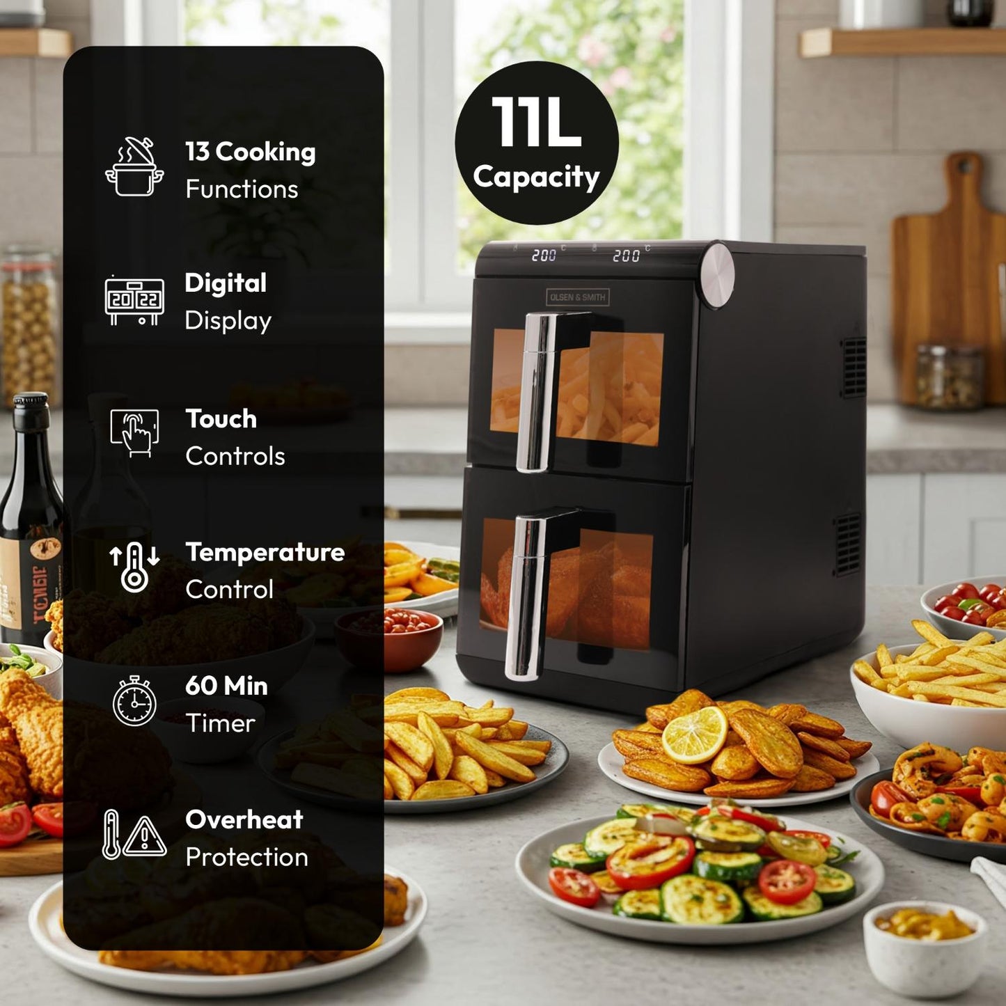 Olsen & Smith Dual Drawer Air Fryer | 11L XL, 1700W, LED, 13 Presets