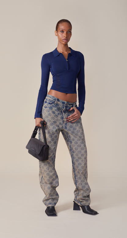 Blue Zip Knit Polo Long sleeve